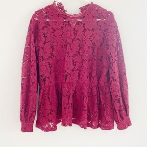 Shein Curve Red Sheer Lace Peplum Blouse Size 0XL